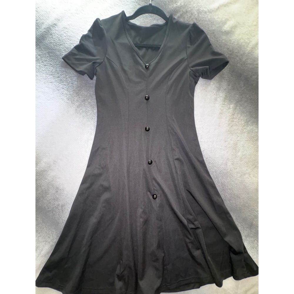 Shein Black V-Neck Button Front Fit and Flare Dress Short Sleeve Size S 4 NWOT